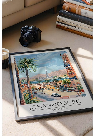 Güney Afrika Johannesburg Temalı Çerçeveli Tablo Travel Serisi Modern İllüstrasyon Duvar Dekoru Siyah