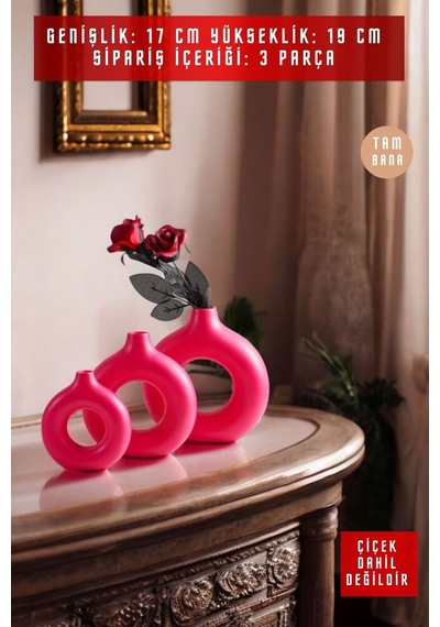 Beyaz Dekoratif Vazo Seti Obje Ev Dekorasyon Masa Üstü Dekor Vazo Seti Model 23 Koyu Pembe Koyu Pembe