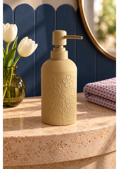 Rosıe Kum Beji Çiçek Dokulu Yuvarlak Seramik Sıvı Sabunluk 350 Ml Karışık