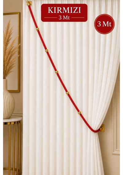 Kırmızı Kruvaze Perde Tavan Korniş Bağlama Halatı - Gold Detaylı - Perde Süsü - 3 Metre - 1 Adet