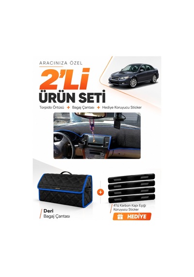 Subaru Legacy B4 2003-2009 Uyumlu Torpido Örtüsü + Deri Bagaj Çantası + Sticker Seti - Siyah Mavi