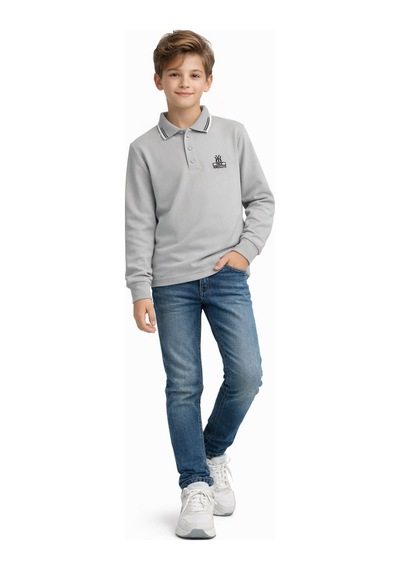 İrem Çocuk Giyim Erkek Çocuk Brooklyn Yazılı Polo Yaka Yakası Çizgi Desenli Gri Renk Polo Yaka Sweatshirt Gri