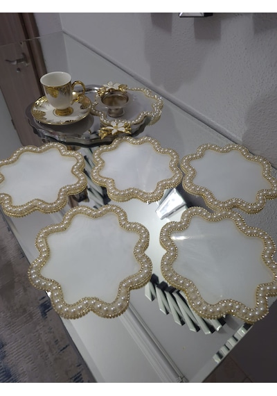 Kahve Sunum Pedi El Yapımı İnci Ve Gold Detaylı 15x15 Ölcü 5 Adet
