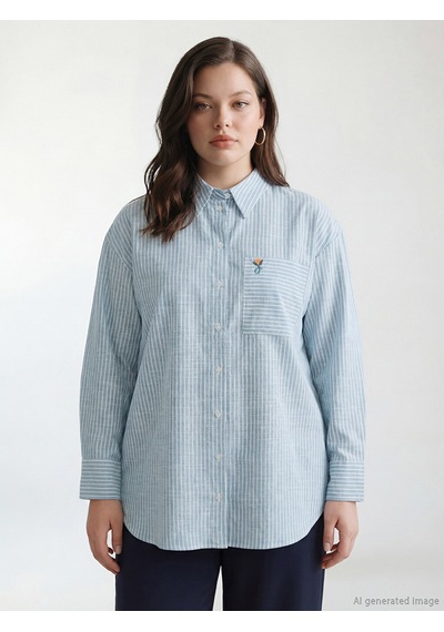 Lcw Modest Yeşil Çizgili Oversize Poplin Kadın Gömlek Tunik
