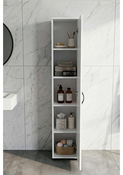 Banyo Dolabı Dar Boy Dolap Raflı Kapaklı Çok Amaçlı Organizer 5 Katlı 266 Beyaz