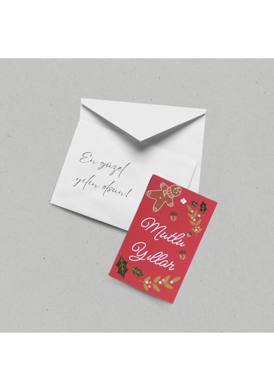 Yılbaşı Mutlu Yıllar Yazılı Hediye Kart Seti, Yeniyıl Paketleme Kartı, 25 Adet-5,5x8.5 Cm, Kırmızı
