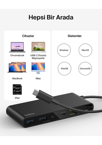 Belkin Connect 8 Portlu Usb-c Hub, 4k 60hz E Kadar Çözünürlükleri