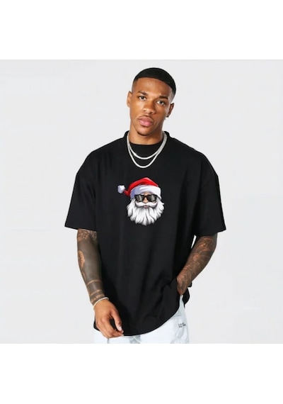 Efnaz Style Yılbaşı Gözlüklü Noel Baba Baskılı Kısa Kollu Oversize Bisiklet Yaka T-shirt - Siyah