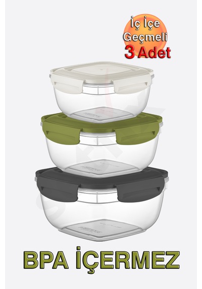 Fresh Box Kilitli Kare Saklama Kabı 500, 900, 1500 Ml Üçlü Set Karışık Renkli