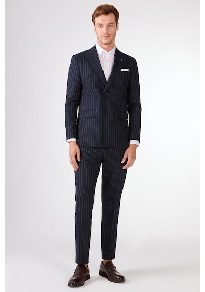 Dufy Lacivert Çizgili Kruvaze Slim Fit Takım Elbise Lacivert Dufy Lacivert Çizgili Kruvaze Slim Fit Takım Elbise Lacivert