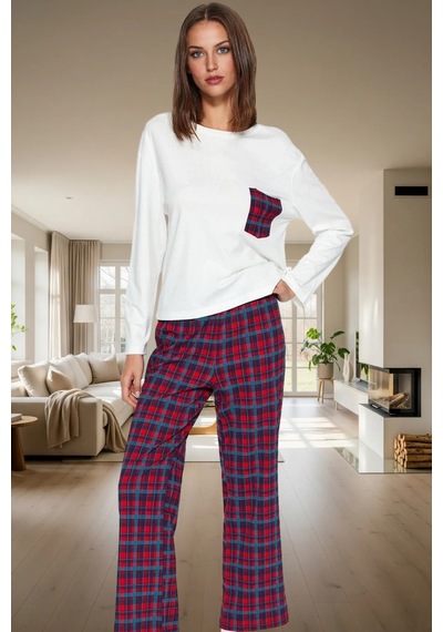 Ersefa Rahat %100 Pamuklu Ekoseli Pijama Takımı Boru Paça Kaşkorse Dokum Beyaz