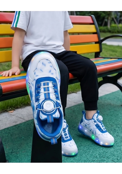2256-n-drops Led Işıklı Çift Tekerlekli Akıllı Bağcıklı Unisex Çocuk Patenli Ayakkabı Beyaz - Mavi