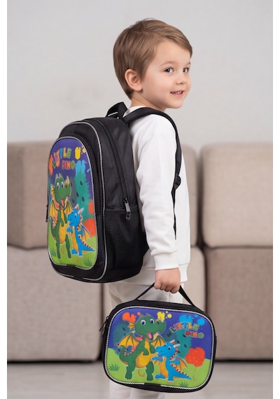 Little Dino Beslenme Çantalı İlkokul Ve Anaokulu Sırt Çantası Seti Ergonomik Çocuk Okul Çantası Siyah
