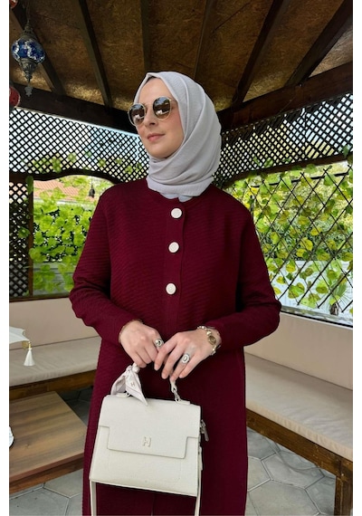 Rabia Şamlı Sinem Çelik Örme Triko Hırka Bordo Çok Renkli