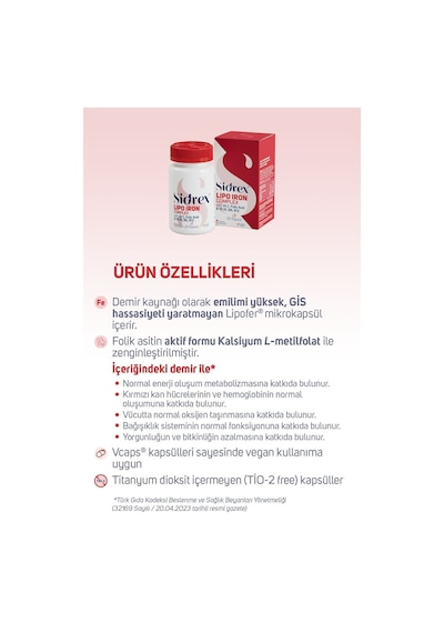 Sidrex Lipo Iron Complex Demir İçeren Takviye Edici Gıda 30 Kapsül