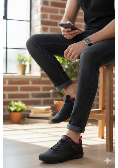 M.P 252 7332 Rahat Esnek Sneaker Erkek Ayakkabı Siyah - Kırmızı