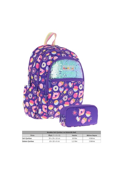 Kaukko Kids Kız Çocuk Okul Çantası Ve Üç Bölmeli Kalemlik Seti Mor - Pullu Şekerleme - L5216+l8216 Mor