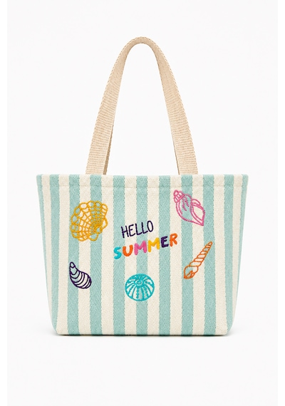 İcone Bag Çocuk Plaj Çantası, Nakışlı Çizgili Kız Plaj Çantası, Kids Beach Bag, Lila Çizgili Çocuk Plaj Çantası Yeşil