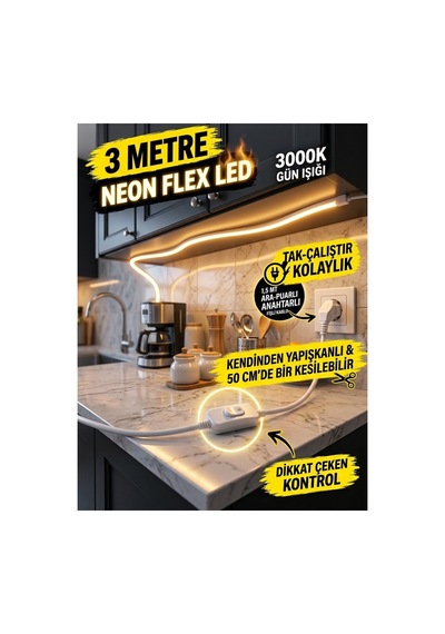 3 Metre 3000k-günışığı Neon Led Şerit ,1.5 Metre Anahtarlı Kablolu Tak Çalıştır Hazır Set ,esnek Şerit Led,mutfak,tezgah Ledi, ,ambiyans Işık Havuzu, Balkon, Teras Ve Ev İçin Dekoratif Led