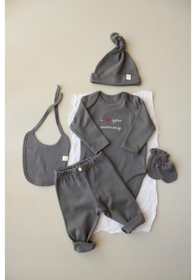 Oh Lala Koala Mom Nakışlı 5li Uzun Kollu Yenidoğan Set Gri