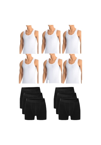 Belifanti Collection Erkek Pamuklu 6'Lı Beyaz Atlet Ve 6'Lı Siyah Boxer 12 Parça Set Beyaz