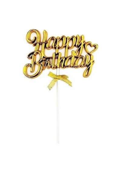 Happy Birthday Pasta Süsü Krom Yazı Kürdanlı Gold Dekoratif Pasta Üstü +3