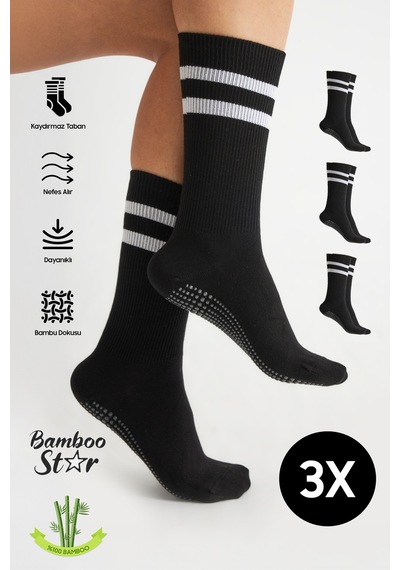 Bamboo Star Bambu Kadın Siyah Kaydırmaz Taban Silikon Baskı Yoga Fitness Pilates Bale Dans Tenis Çorabı 3'lü