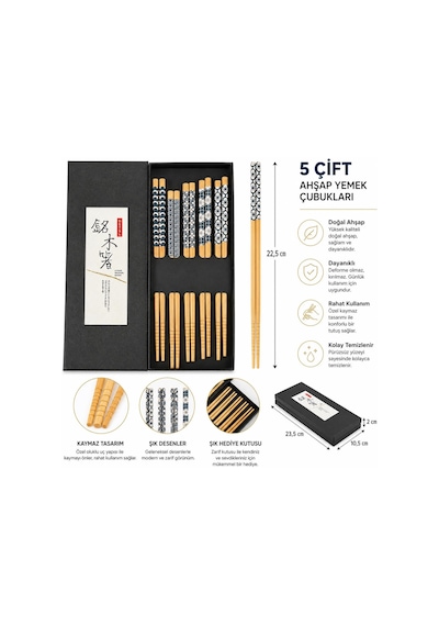 Valkyrie 5 Çift Doğal Ahşap Yemek Çubuğu Seti Japon Desenli Kaymaz Uçlu Kutulu 22,5cm Chopstick Seti