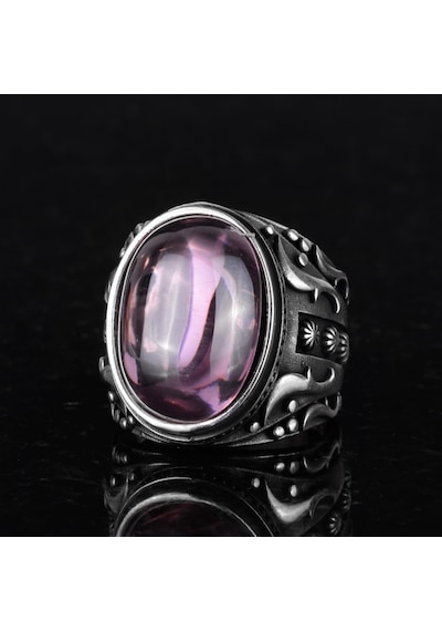 925 Ayar Gümüş Yüzük, Tasarım Gümüş Erkek Yüzüğü Pembe Topaz Yapay Taş Gümüş