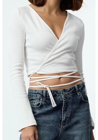 Ersefa Moda Kruvaze Örme Slim Düz Desen Casual Günlük Crop Uzun Kol Bluz Ekru