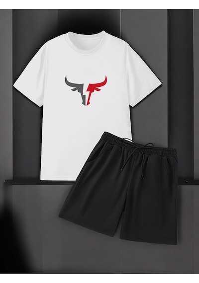 Uyguntarz Unisex Boğa Baskılı Tasarım Şort Takım Beyaz