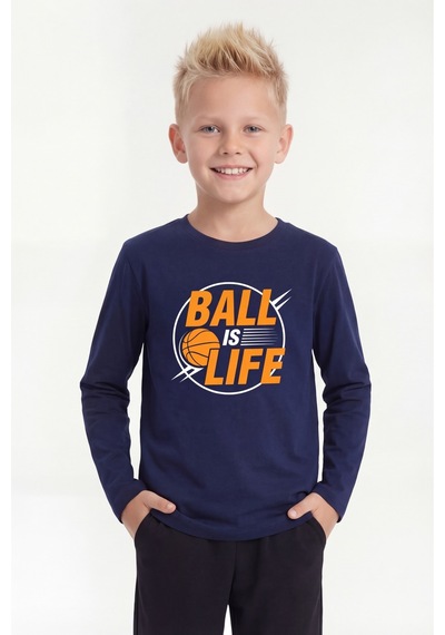 Panios Kids Yuvarlak Yaka Uzun Kollu Baskı Detaylı Erkek Çocuk Sweatshirt Lacivert