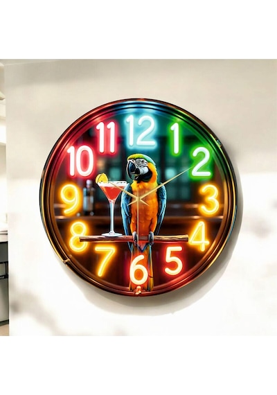 AA Shop Renkli Baskı Papağan Bar Desenli Sayılı Hediyelik Ahşap Sessiz Duvar Saati 50cm ÇOk Renkli