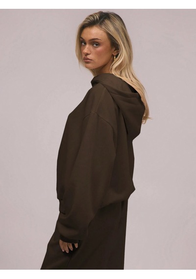 Macklin Unisex Kadın Erkek Baskısız Rahat Kalıp Oversize 3 İplik Kapüşonlu Hoodie Ve Baggy Eşofman Altı Kahverengi