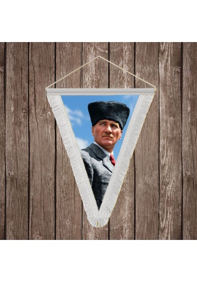 Kalpaklı Atatürk Portresi Beyaz Saçaklı Üçgen Flama Bayrak Hatıra Flama Ata81 Diğer