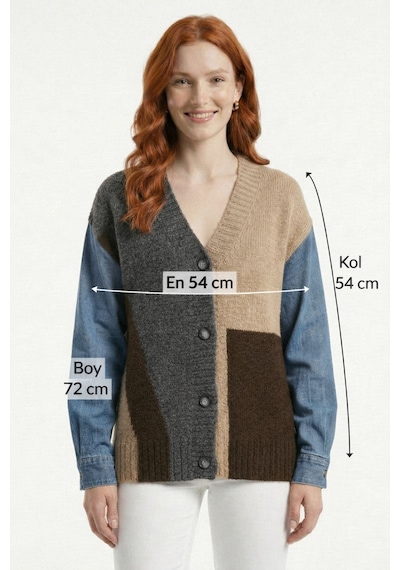 Neden Tekstil Denim Kol Detaylı Renk Bloklu V Yaka Triko Kadın Hırka - Çok Renkli