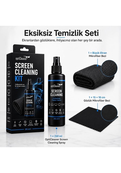 Lexroo Ekran Temizleme Seti, 250 Ml Sprey, Büyük Mikrofiber Bez Ve 15 18 Cm Gözlük Bezi, Laptop