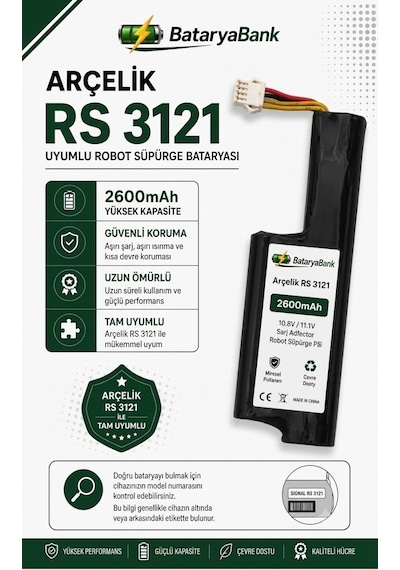 Arçelik Rs 3121 Uyumlu Robot Süpürge Bataryası 10.8v / 11.1v 2600mah Şarj Edilebilir Li-ion Pil