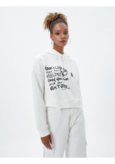 Koton Kapüşonlu Sweatshirt Slogan Baskılı Asimetrik Kesim Ekru 4wal10165ık Ekru