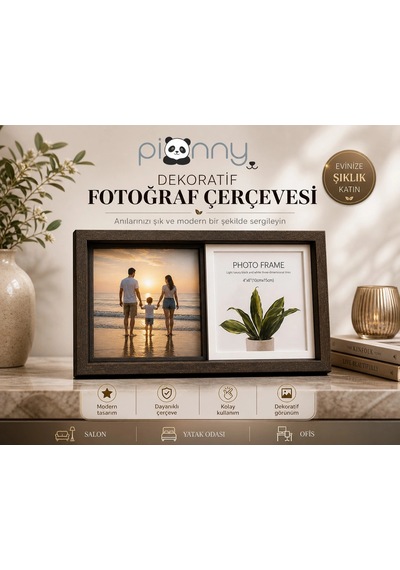 Pionny 2 Fotoğraflı Orta Boy Sürgülü Dekoratif Ahşap Çerçeve 10x15 Cm Koyu Kahve
