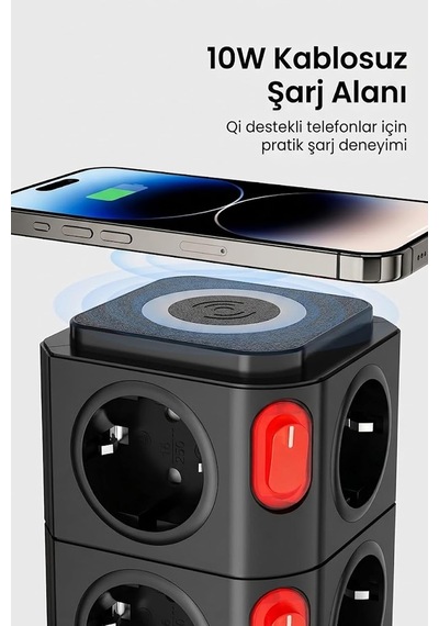 12'li Kule Tipi Çoklu Priz 3680w Kablosuz Şarjlı 1xusb-a 2xtype- C Akıllı Güç İstasyonu Standart