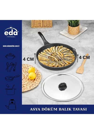 Eda Asya Döküm Granit Metal Kapaklı Balık Tavası Siyah