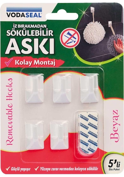 Vodaseal İz Bırakmadan Sökülebilir Küçük Askı - 5 Parça - Beyaz Beyaz