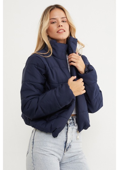 Fullamoda Beli Lastikli Crop Şişme Mont Lacivert