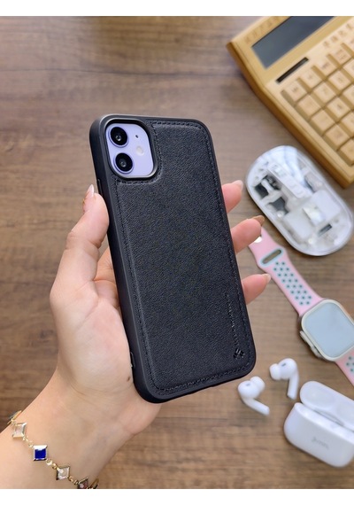 Apple iPhone 11 Uyumlu Premium Deri Dokulu Darbelere Karşı Dayanıklı Nazal Silikon Kılıf Siyah