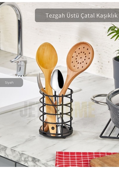 Jet's Home Yuvarlak Çatal Kaşıklık Paslanmaz Tezgah Üstü Servis Standı Düzenleyici Çelik Siyah Siyah
