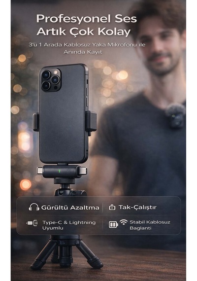 3'ü 1 Arada Kablosuz Yaka Mikrofonu Seti - Type-c, İphone Ve Android Uyumlu - Vlog Mikrofonu