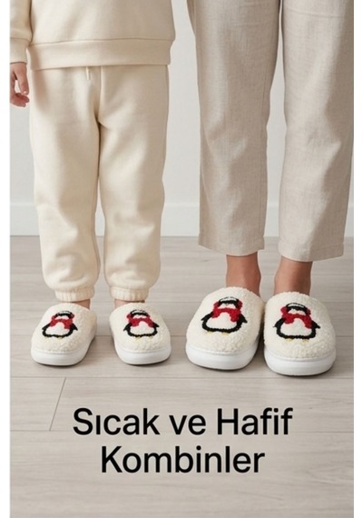 Hafif Ve Yumuşak Peluş Kaymaz Taban Anne Çocuk Misafir Penguenli Noel Yılbaşı Ekru Ev Terliği Beyaz Hafif Ve Yumuşak Peluş Kaymaz Taban Anne Çocuk Misafir Penguenli Noel Yılbaşı Ekru Ev Terliği Beyaz