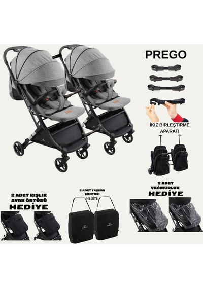 Prego Yan Yana Birleştirmeli Kabin Boy İkiz Bebek Arabası Ayak Örtüsü + Yağmurluk + Taşıma Çanatası