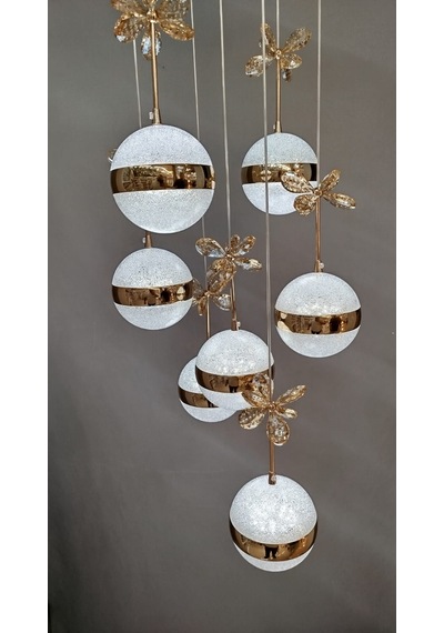 Şık Tarz Modern Led Avize Gold Ledli Salon Avizesi Kelebek Taşlı 7lı Sarı
